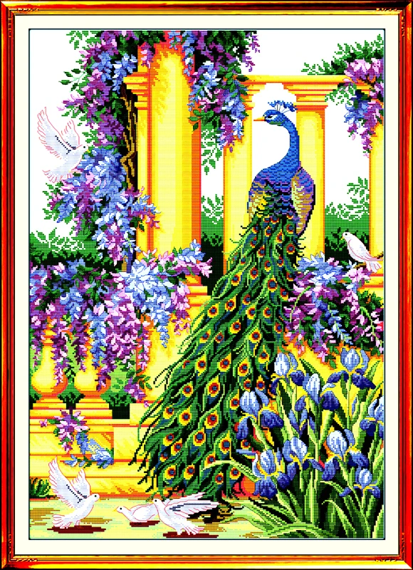 Набор для вышивания крестиком Joy Sunday с предварительной печатью, простой узор, набор для вышивания из тисненой ткани Aida-Фиолетовые цветы и павлин