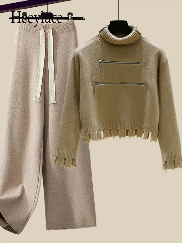 Осенне-зимние теплые трикотажные комплекты из 2 предметов, женская одежда, Офисная женская Водолазка, Вязаный свитер с длинным рукавом И широкие брюки, комплекты