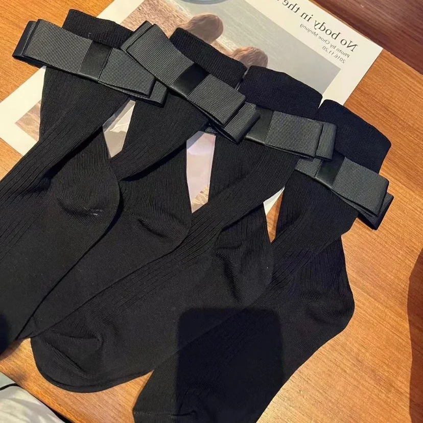 Осенние Корейские Черные Носки для Похудения с 3D Бантом для Женщин, Милые Персонализированные Модные Декоративные Носки, Хлопковые Дизайнерские Носки