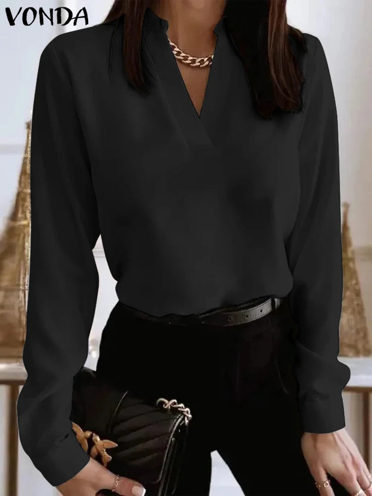 Осенние топы с длинными рукавами 2023, женская блузка VONDA, модные женские повседневные однотонные рубашки с V-образным вырезом, элегантные женские блузы