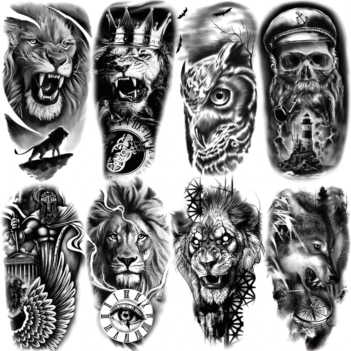 Реалистичные временные татуировки Льва, Волка, совы, Пирата Для женщин, мужчин, Поддельная татуировка Compass Crown Warrior, боди-арт, тату-наклейка