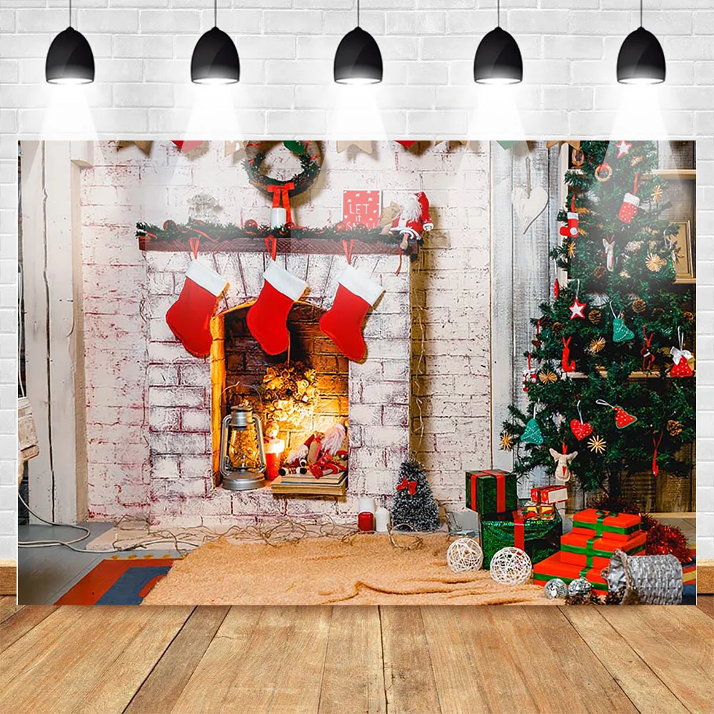 Рождественский фон для фотосъемки Камин Рождественская елка Красный носок Фон для фотостудии Подарки для детей Семейная фотосессия Видео Реквизит