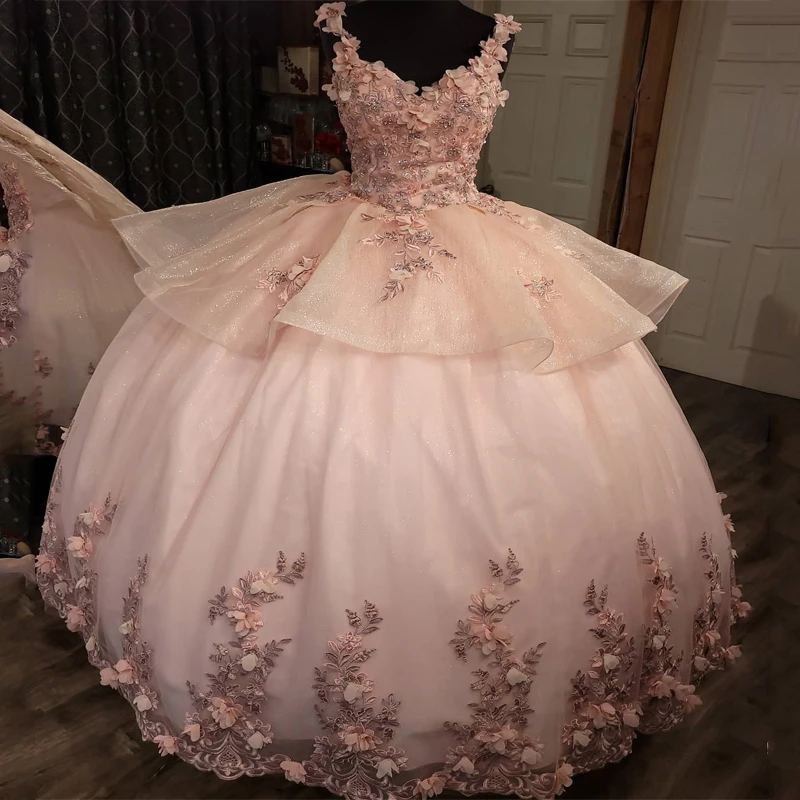 Розовые Блестящие Пышные платья, Расшитые бисером, Бальное платье Принцессы для 15-летних девочек, Роскошные 3D Цветочные аппликации, Vestidos De 15 Años