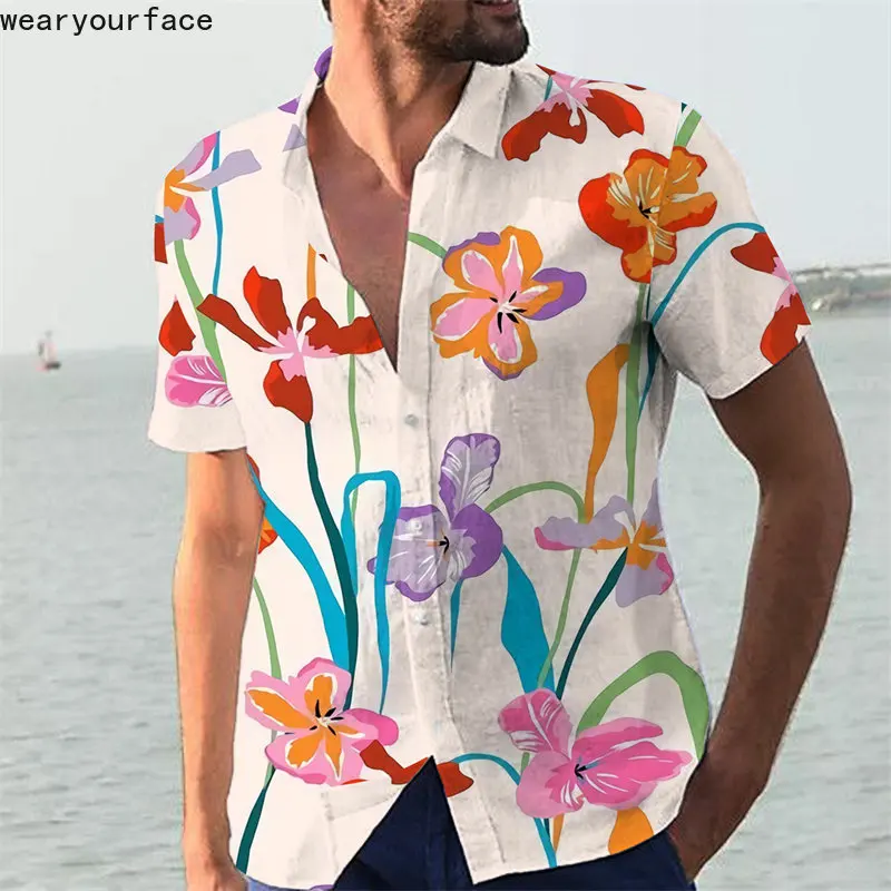 Рубашки с цветочным принтом, Гавайские Пальмы, Графические Кнопки, Тонкая Уличная Одежда с коротким рукавом, Пляжная Повседневная Мужская одежда
