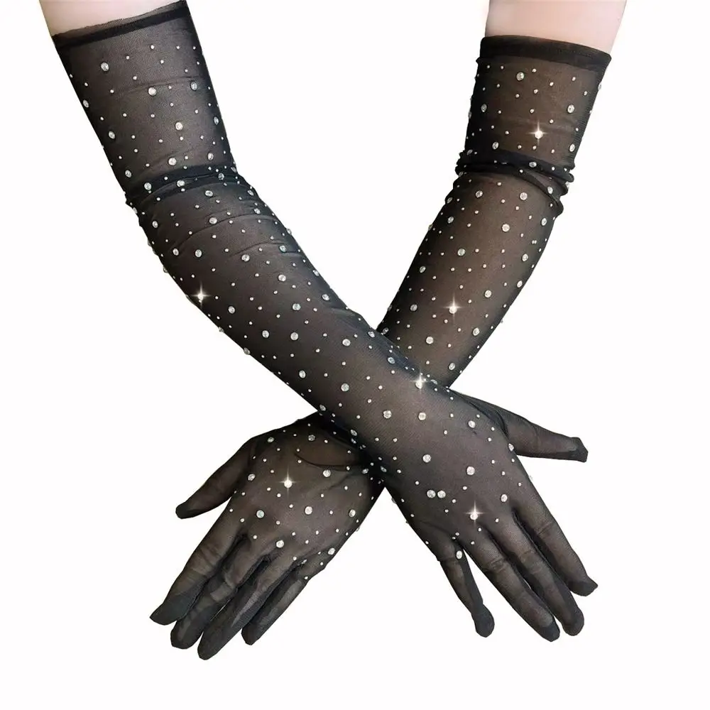 Сетчатые черные длинные перчатки с цветными бриллиантами в стиле панк для выступлений на сцене, солнцезащитные женские перчатки для вождения