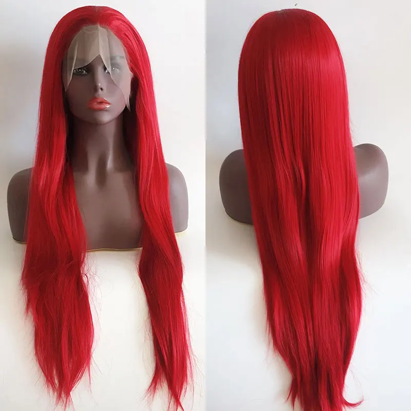 Синтетический парик с кружевом спереди огненно-красного цвета, длинные шелковистые прямые волосы из термостойкого волокна, натуральные волосы без пробора для женских париков