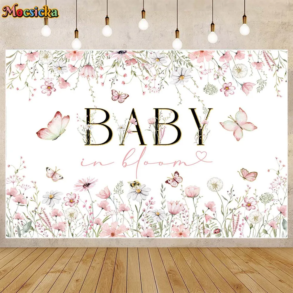 Фон для душа младенца Mocsicka Baby In Bloom, Декор для вечеринки для девочек, Розовый цветок, бабочка, фон для новорожденных, реквизит для фотостудии