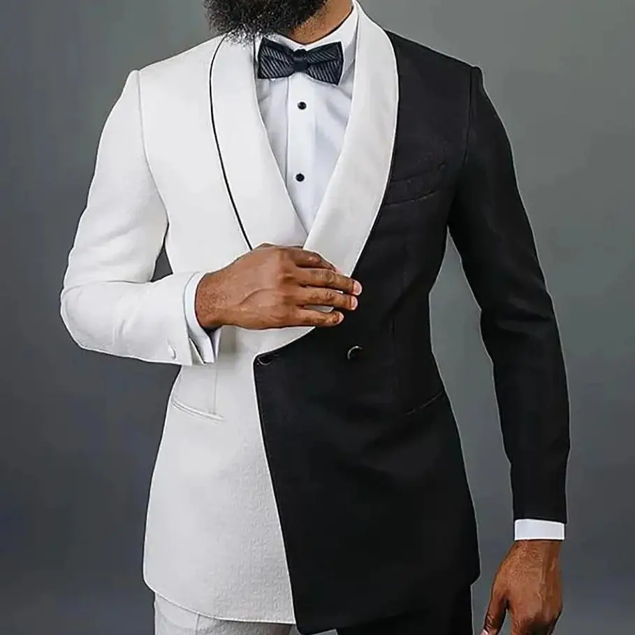 Черно-белый свадебный мужской костюм, двубортный Красивый мужской наряд для выпускного вечера (куртка + брюки) Изображение 0 