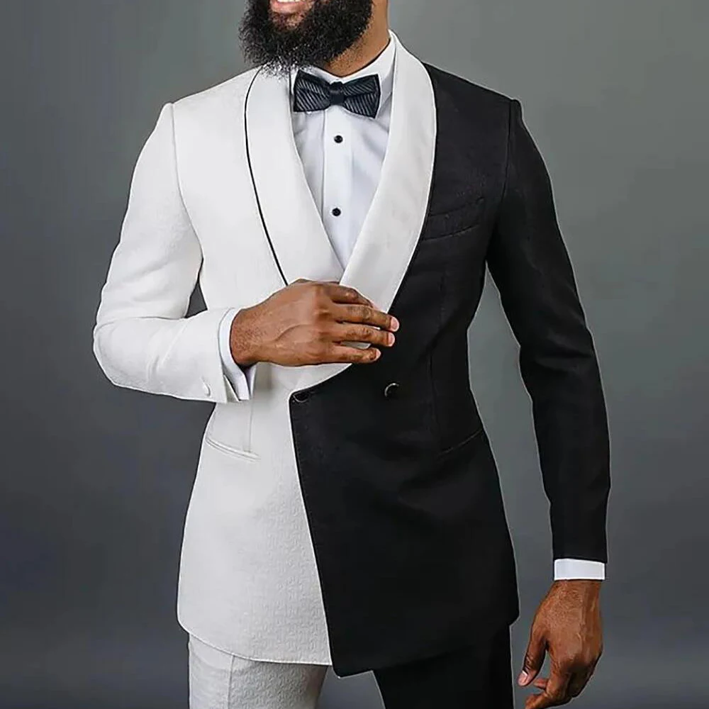 Черно-белый свадебный мужской костюм, двубортный Красивый мужской наряд для выпускного вечера (куртка + брюки) Изображение 2 