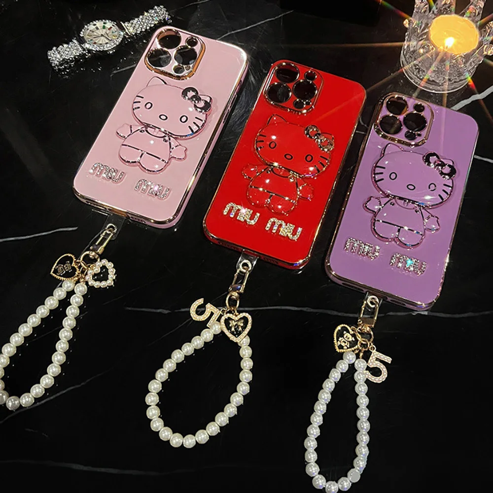 Чехлы для телефонов Kawaii Sanrio Hello Kitty для iphone 15 14 Pro Max Plus с милым зеркальцем для макияжа 13 12 Mini 11 X XS XR 8 7Plus